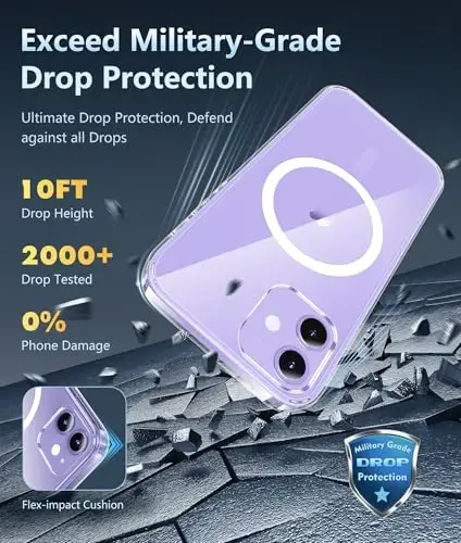 FNTCASE Чехол для iPhone 12: Чехол для iPhone 12 Pro с поддержкой Magsafe, тонкий, не желтеющий, военный стандарт защиты от падений, прочный прозрачный корпус (A-Clear) - 4