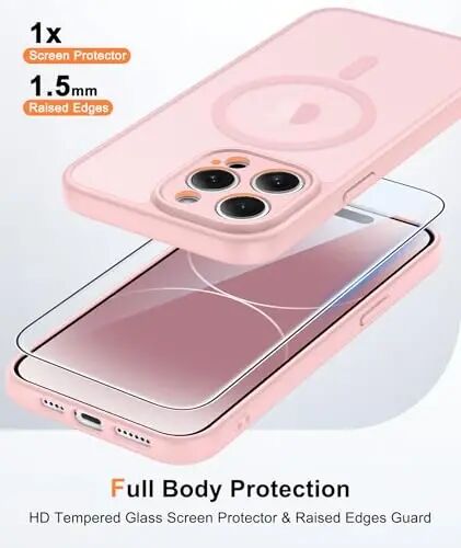 FNTCASE для чехла iPhone 14 Pro Max Розовый: Совместимость с MagSafe | С защитным экраном, Прозрачная магнитная полная защита камеры, Испытание на падение военного класса 14FT, Матовый ударопрочный чехол - FNTCASE