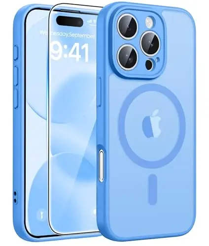 FNTCASE для чехла iPhone 16 Pro Max: [Совместимо с Magsafe] Полупрозрачные матовые чехлы с [полной защитой камеры] [защитной пленкой для экрана] Ударопрочный защитный чехол для телефона военного класса - Ледяной голубой 