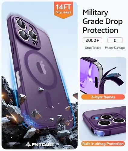 FNTCASE для чехла iPhone 16 Pro: [Совместимо с Magsafe] Полупрозрачные матовые чехлы с [Полной защитой камеры] [Защитным стеклом] Ударопрочный защитный чехол военного класса - Фиолетовый - 5