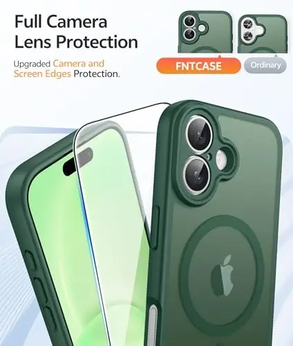 FNTCASE для чехла iPhone 16: [Совместимо с Magsafe] Полупрозрачные матовые чехлы с [Полной защитой камеры] [Защитным стеклом] Ударопрочный защитный чехол военного класса - Зеленый - 4