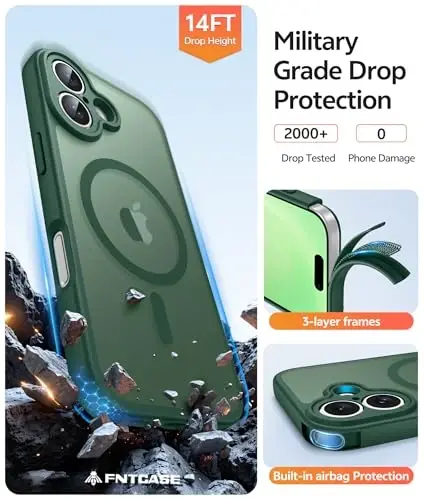 FNTCASE для чехла iPhone 16: [Совместимо с Magsafe] Полупрозрачные матовые чехлы с [Полной защитой камеры] [Защитным стеклом] Ударопрочный защитный чехол военного класса - Зеленый - 5
