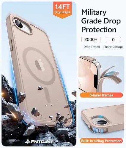 FNTCASE для чехла iPhone 17e: Чехол для телефона iPhone 16e [Совместимо с Magsafe] Полупрозрачные матовые чехлы с [Защитным экраном] Ударопрочный защитный чехол военного класса - Пустынное золото - 5