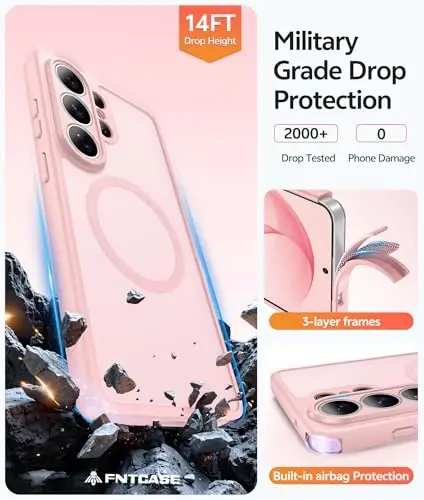 FNTCASE для чехла Samsung Galaxy S26-Ultra: [Подходит для Magsafe] [Полная защита камеры] Полупрозрачные матовые чехлы с [Защитным экраном] Противоударный защитный чехол для телефона военного класса - Светло-розовый - 5