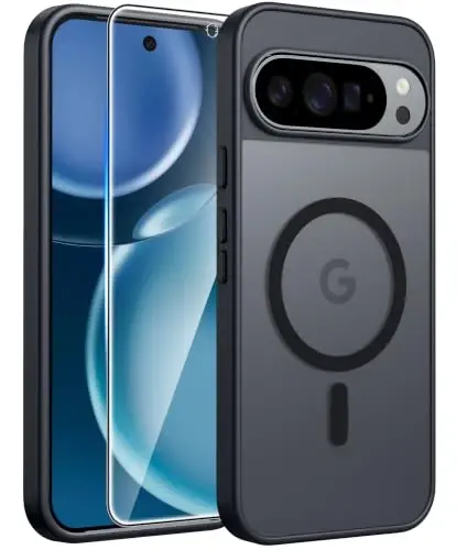 FNTCASE для Google Pixel 10 Pro XL Case: для Pixel 9 Pro XL Case [Подходит для Magsafe] Полупрозрачный матовый [с защитной пленкой] Военный класс Ударопрочный защитный магнитный чехол для телефона (6,8 дюйма - черный) 