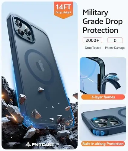 FNTCASE для iPhone 12 Pro-Max: магнитный матовый текстурированный военный класс защита от падений полупрозрачный чехол для телефона - тонкий прочный противоударный защитный бампер - 5