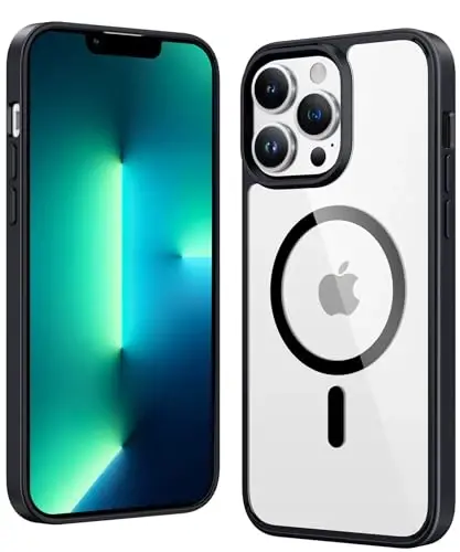 FNTCASE for iPhone 13 Pro-Max Case: Clear Magnetic Phone Cases Compatible with Magsafe Slim Anti Yellowing Military Grade Drop Protection Rugged Protective Transparent Cell Phone Cover (B-Black) 