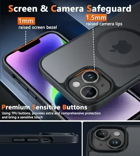 FNTCASE для iPhone 14 Plus: для iPhone 15 Plus Магнитный матовый текстурированный военный класс Защита от падения Полупрозрачный чехол для телефона - Тонкий противоударный защитный бампер для телефона - 5