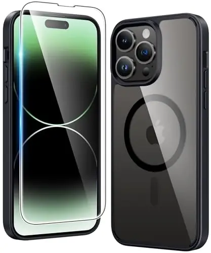 FNTCASE для iPhone 14 Pro: для iPhone 13 Pro Clear Magnetic Drop Protective Slim Cases | Transparent Shockproof Thin Anti-Yellowing Cover Rugged Hard Crystal TPU Phonecase (B-Black) - FNTCASE