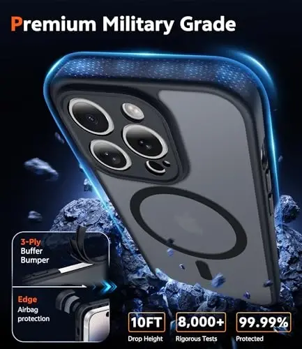 FNTCASE для iPhone 14 Pro: Магнитный матовый текстурированный военный класс защиты от падений Полупрозрачный чехол для телефона - Тонкий прочный противоударный защитный бампер (C-Black) - 6