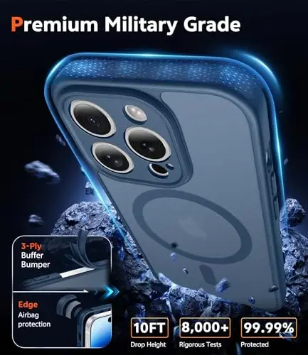 FNTCASE для iPhone 14 Pro: Магнитный матовый текстурированный военный класс защиты от падений Полупрозрачный чехол для телефона - Тонкий прочный противоударный защитный бампер (C-Blue) - 6