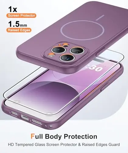 FNTCASE для iPhone 14 Pro Max Чехол Лавандовый: Совместим с MagSafe | С защитным экраном, Прозрачная магнитная защита всей камеры, Испытание на падение военного класса с высоты 14 футов, Матовый противоударный чехол 