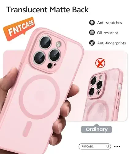 FNTCASE для iPhone 14 Pro Max: [Совместим с Magsafe] Полупрозрачные матовые чехлы с [Защитной пленкой] [Полная защита камеры] Противоударный защитный чехол военного класса - Светло-розовый - 6