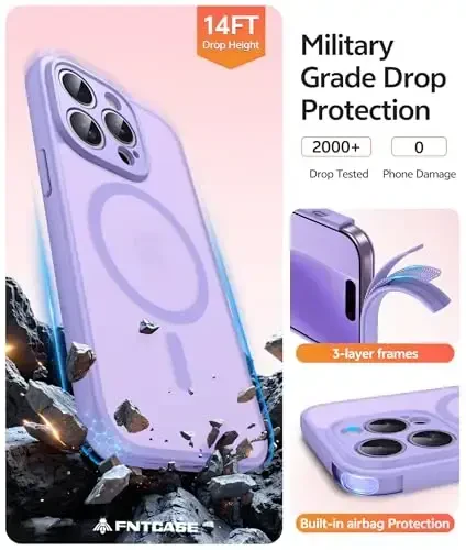 FNTCASE для iPhone 14 Pro Max: [Совместим с Magsafe] Полупрозрачные матовые чехлы с [Защитой экрана] [Полная защита камеры] Военный класс защиты от ударов - Светло-фиолетовый - 5