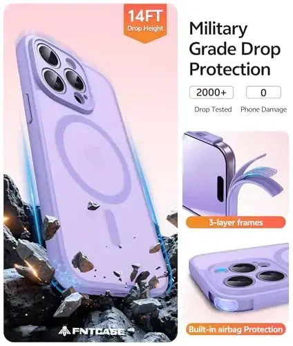FNTCASE для iPhone 14 Pro: [Совместим с Magsafe] Полупрозрачные матовые чехлы с [Защитой экрана] [Полная защита камеры] Противоударный защитный чехол для телефона военного класса - светло-фиолетовый - 5