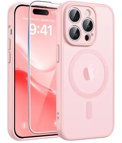 FNTCASE для iPhone 14 Pro: [Совместим с Magsafe] Полупрозрачные матовые чехлы с [Защитой экрана] [Полная защита камеры] Противоударный защитный чехол военного класса - Светло-розовый - 1