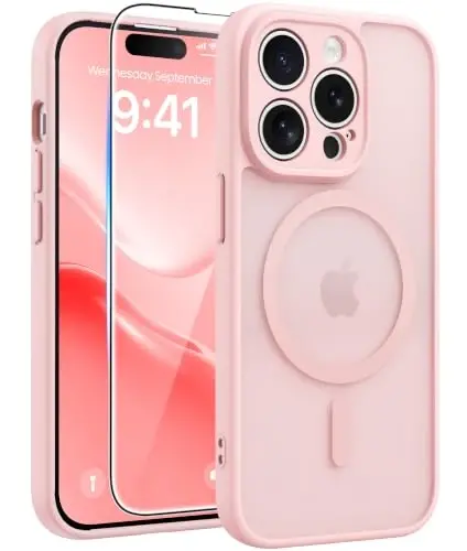 FNTCASE для iPhone 14 Pro: [Совместим с Magsafe] Полупрозрачные матовые чехлы с [Защитой экрана] [Полная защита камеры] Противоударный защитный чехол военного класса - Светло-розовый 