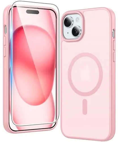 FNTCASE для iPhone 15: Чехол для iPhone 14/13 с магнитами, защитным стеклом и поддержкой Magsafe, тонкий, устойчивый к пожелтению, прочный полупрозрачный чехол (C-розовый) 
