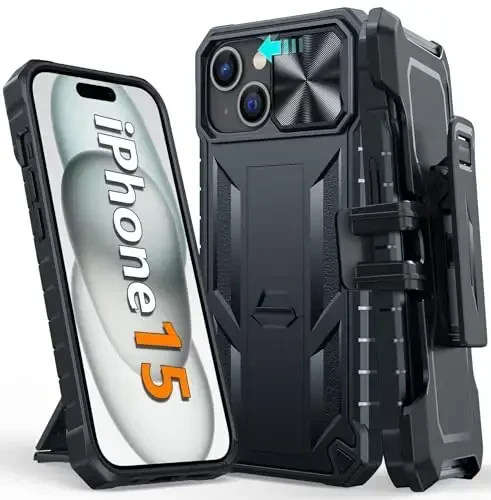 FNTCASE для iPhone 15: чехол для iPhone 16e/iPhone 14, противоударный, военный стандарт, с подставкой и слайдером | Прочный, ударопрочный чехол с клипсой для ремня (черный) - FNTCASE