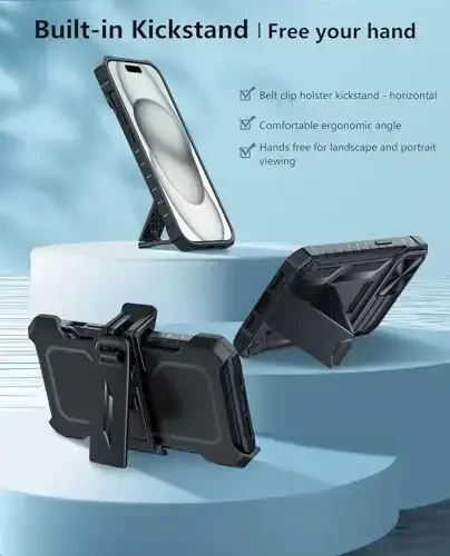 FNTCASE для iPhone 15: чехол для iPhone 16e/iPhone 14, противоударный, военный стандарт, с подставкой и слайдером | Прочный, ударопрочный чехол с клипсой для ремня (черный) - 6