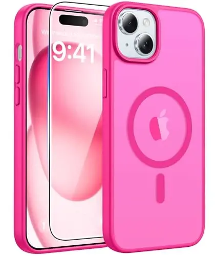FNTCASE для iPhone 15: для iPhone 14 и iPhone 13 | Магнитный матовый полупрозрачный тонкий противоударный чехол | Защитный чехол для телефона военного класса - Розово-красный 