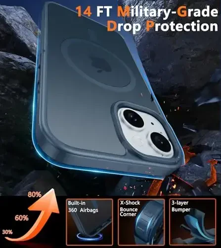 FNTCASE для iPhone 15: для iPhone 14 и iPhone 13 | Магнитный матовый полупрозрачный тонкий противоударный чехол | Защитный чехол военного класса - синий - 6