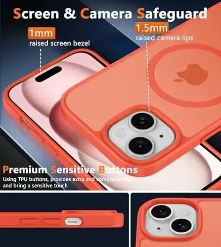 FNTCASE для iPhone 15: для iPhone 14 & iPhone 13 | Магнитный матовый полупрозрачный тонкий противоударный чехол | Защитный чехол для телефона военного класса - оранжевый - 6