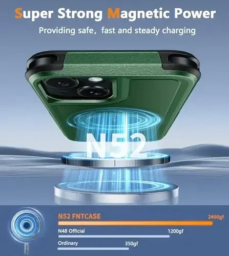 FNTCASE для iPhone 15 Магнитный чехол: Магнитный двуслойный защищенный от падения ударопрочный чехол для мобильного телефона - Прочный долговечный защитный бампер Tough Green - 5