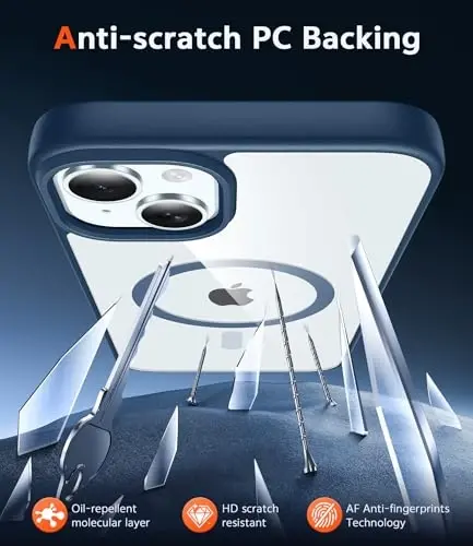 FNTCASE для iPhone 15 Plus: прозрачные магнитные чехлы с защитной пленкой, совместимые с Magsafe, тонкие, не желтеют, прочные, противоударные, прозрачные чехлы для телефонов (B-синий) - 5