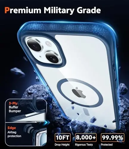 FNTCASE для iPhone 15 Plus: прозрачные магнитные чехлы с защитной пленкой, совместимые с Magsafe, тонкие, не желтеют, прочные, противоударные, прозрачные чехлы для телефонов (B-синий) - 6