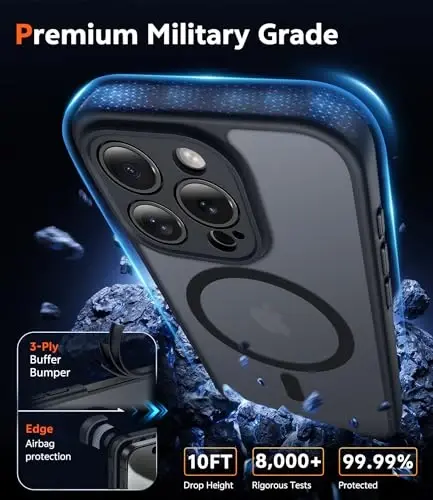 FNTCASE для iPhone 15 Pro: Матовый магнитный чехол с защитным стеклом, совместимый с Magsafe, тонкий, не желтеющий, противоударный, полупрозрачный защитный чехол (C-Black) - 6