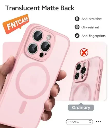 FNTCASE для iPhone 15 Pro Max: Прочный магнитный чехол с защитной пленкой | Полупрозрачный матовый тонкий противоударный защитный чехол (светло-розовый) - 6