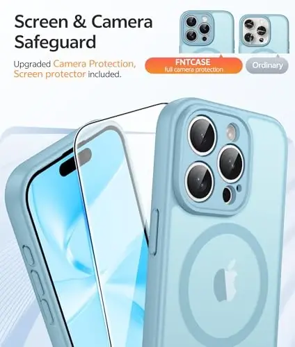 FNTCASE для iPhone 15 Pro Max: [Совместимо с Magsafe] Полупрозрачный матовый чехол с [Полной защитой камеры] [Защитным стеклом] Ударопрочный защитный чехол военного класса - Бирюзовый - 4