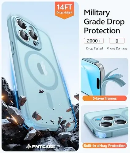 FNTCASE для iPhone 15 Pro Max: [Совместимо с Magsafe] Полупрозрачный матовый чехол с [Полной защитой камеры] [Защитным стеклом] Ударопрочный защитный чехол военного класса - Бирюзовый - 5