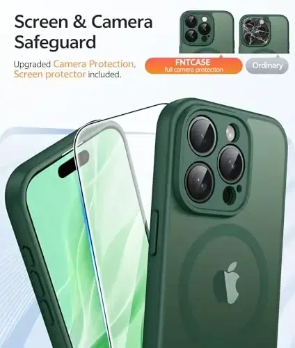 FNTCASE для iPhone 15 Pro: [Совместимо с Magsafe] Полупрозрачный матовый магнитный чехол для телефона - Защита от падений военного класса, противоударный защитный чехол - Зеленый - 4