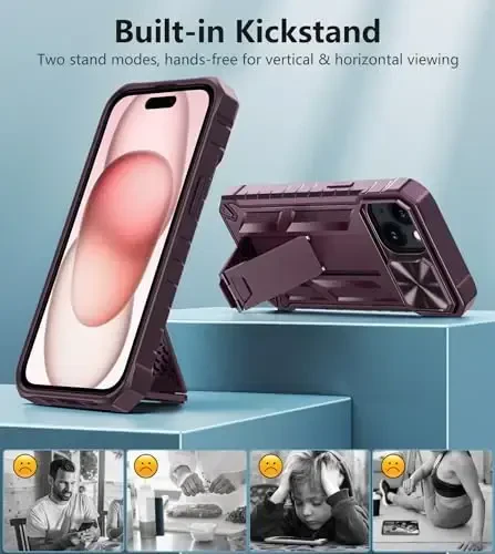 FNTCASE для iPhone 15 Защитный чехол для телефона: iPhone 16e/iPhone 14 Военный класс Ударопрочный чехол для телефона с подставкой и слайдом | Сверхпрочный прочный чехол для телефона с бампером (Бургундия) - 5