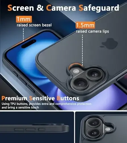 FNTCASE для iPhone 16: матовый, тонкий, легкий, полупрозрачный чехол с защитой от падений военного класса - прочный, амортизирующий защитный бампер - 5