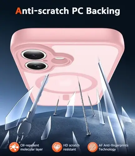 FNTCASE для iPhone 16 Matte: магнитные полупрозрачные чехлы с защитой экрана и объектива, прочные, текстурированные, противоударные, тонкие, 6.1 дюйма (C-розовый) - 5