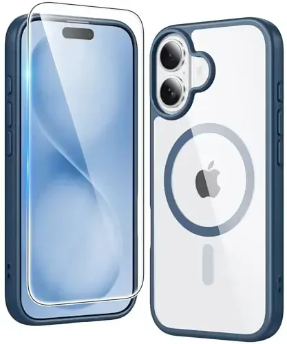 FNTCASE для iPhone 16 Plus: прозрачные магнитные чехлы с защитной пленкой, совместимые с Magsafe, тонкие, не желтеющие, прочные, противоударные, прозрачные чехлы для телефонов (B-Blue) - FNTCASE