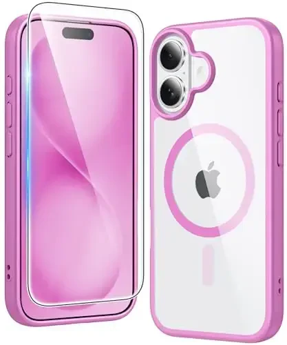 FNTCASE для iPhone 16 Plus: прозрачный чехол с магнитным креплением, защита от падений по военному стандарту, защита от пожелтения, прочный противоударный прозрачный бампер (B-Pink) - FNTCASE