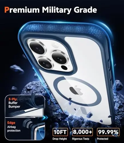 FNTCASE для iPhone 16 Pro: Магнитный прозрачный чехол, защита от пожелтения, тонкий, легкий, защита от ударов и падений военного класса (B-синий) - 6