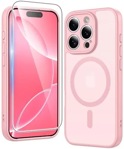 FNTCASE для iPhone 16 Pro-Max: Магнитный матовый текстурированный противоударный полупрозрачный чехол для телефона военного класса - Тонкий прочный амортизирующий защитный бампер (C-розовый) 