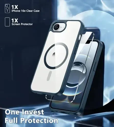FNTCASE для iPhone 16E: Магнитная прочная защита | Тонкие, не желтеющие чехлы военного класса | Противоударный, устойчивый к царапинам прозрачный чехол (B-Blue) - 3
