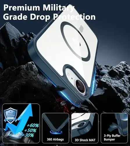 FNTCASE для iPhone 16E: Магнитная прочная защита | Тонкие, не желтеющие чехлы военного класса | Противоударный, устойчивый к царапинам прозрачный чехол (B-Blue) - 9