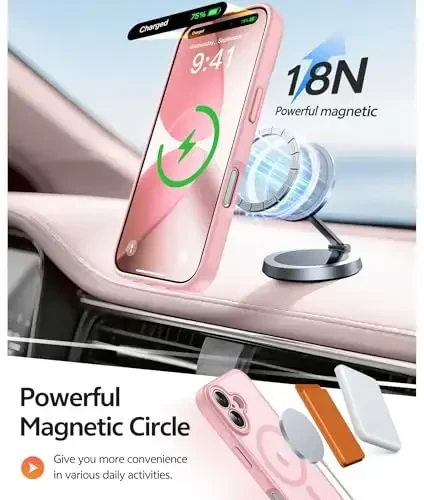 FNTCASE для iPhone 17 Чехол: Магнитный Полупрозрачный Матовый [Полная Защита Камеры] [Защитная Пленка] Военный Класс Ударопрочный Тонкий Чехол Защитные Чехлы от Падений - Светло-розовый - 3