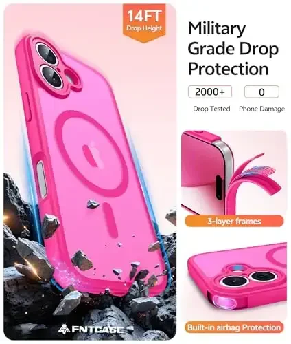FNTCASE для iPhone 17: Магнитный полупрозрачный матовый чехол [Полная защита камеры] [Защитная пленка] Военный стандарт, противоударный тонкий чехол, защита от падений - Ярко-розовый - 5