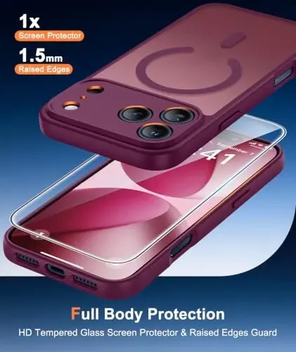 FNTCASE для iPhone 17 Pro Case: Полупрозрачный винно-красный тонкий чехол с поддержкой MagSafe, полной защитой камеры и защитным стеклом из закаленного стекла, испытание на падение по военному стандарту 14 футов, матовый, приятный на ощупь 