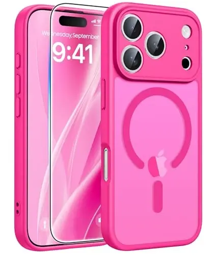 FNTCASE для iPhone 17 Pro Max Case: [Совместимо с Magsafe] Полупрозрачные матовые чехлы с [Полной защитой камеры] [Защитная плёнка для экрана] Ударопрочный защитный чехол военного класса - Ярко-розовый - 2