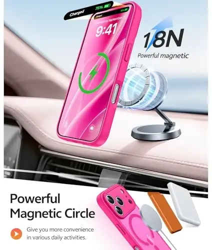 FNTCASE для iPhone 17 Pro Max Case: [Совместимо с Magsafe] Полупрозрачные матовые чехлы с [Полной защитой камеры] [Защитная плёнка для экрана] Ударопрочный защитный чехол военного класса - Ярко-розовый - 3