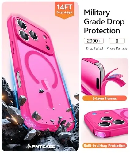 FNTCASE для iPhone 17 Pro Max Case: [Совместимо с Magsafe] Полупрозрачные матовые чехлы с [Полной защитой камеры] [Защитная плёнка для экрана] Ударопрочный защитный чехол военного класса - Ярко-розовый - 5